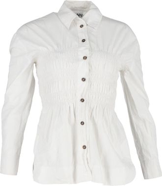 Ganni Ganni Shirred Long Sleeve Shirt in White Cotton