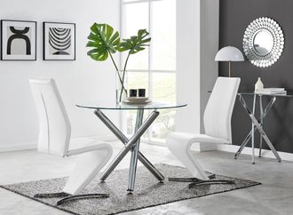 Furniturebox Selina Round Glass & Chrome Metal Dining Table & Luxury Willow Chairs Set in Off-White | Size: 2 Person