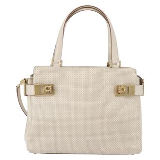 Ferragamo Double Gancini Side Buckle Tote Leather Beige Leather Handbag (Pre-Owned)