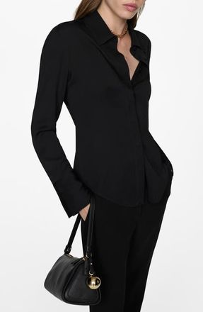 Mango Fluid Long Sleeve Button-Up Shirt in Black at Nordstrom, Size Medium