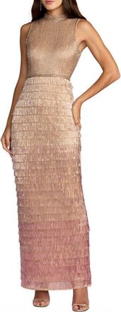 Mac Duggal Sleeveless Beaded Mock Neck Fringe Column Gown in Pink Ombre at Nordstrom, Size 14
