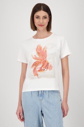 Monari Rundhalsshirt MONARI, Damen, Gr. 42, rot (coral pink), Web, Obermaterial: 50% Baumwolle, 50% Modal, bedruckt, gemustert, mehrfarbig, regular fit norma