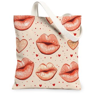 Generic Valentines Day Lips Canvas Tote Bags, Cute Heart Print Reusable Grocery Bags, Lightweight Washable Shoulder Strap Canvas for Shopping, Travel, Beach 1