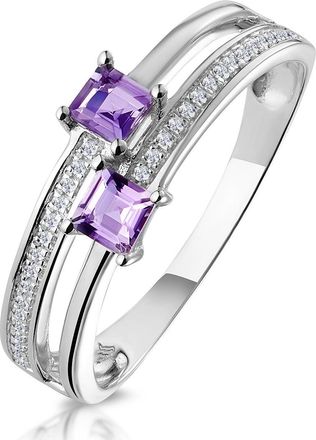 The Diamond Store Twin Amethyst and Diamond Stellato Ring in 9K White Gold