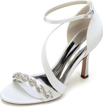 Generic Womens Bridal Satin Stiletto Sandals Dress Weddin Heel Formal Rhinestone Evening High Heels 9.5Cm,Ivory,10 UK