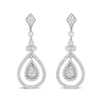 House of Brilliance 18K White Gold 1 1/4 Cttw Round Diamond Openwork Teardrop-Shaped Dangle Earrings (F-G Color, VS1-VS2 Clarity)