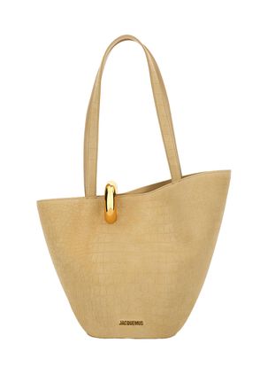 Jacquemus Asymmetric Beige Cocco Print Bucket Bag with Gold-tone Hardware