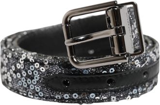 Dolce & Gabbana Zwart Pailletten Zilveren Metalen Logo Gesp Riem