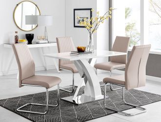 Furniturebox Atlanta White High Gloss & Chrome 4 Seater Dining Table with X Shaped Legs & 4 Faux Leather Lorenzo Chairs in Beige