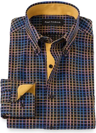 Paul Fredrick Tailored Fit Comfort Stretch Non-iron Check Dress Shirt With Contrast Trim