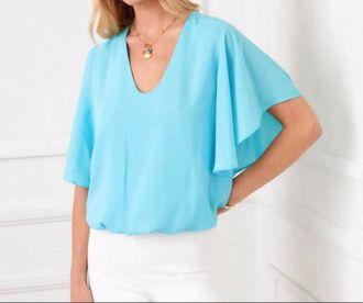 Karen Kane Flutter Sleeve V-Neck Top In Aqua