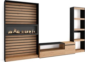 Skraut Home Muebles De Sal&oacute;n Para Tv, Conjunto De Muebles Comedor, 320x186x35cm, Chimenea El&eacute;ctrica, Estilo Moderno, Roble Y Negro - Skraut Home