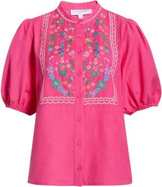Sugarlips Kenedy Embroidered Puff Sleeve Top in Fuchsia at Nordstrom, Size X-Small