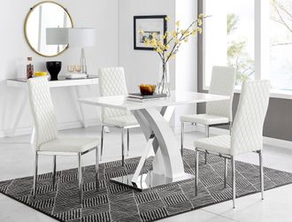 Furniturebox Atlanta White High Gloss & Chrome 4 Seater Dining Table with X Shaped Legs & 4 Faux Leather Milan Chairs
