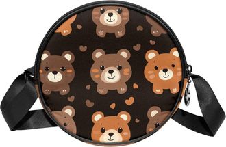 Generic Circle Crossbody Bag for Women, Bear Heads Heart Pattern Small Sling Bag Daypack with Zipper Adjustable Shoulder Straps Casual Ladies Girls Round Purs