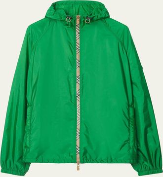 Burberry Mens Nylon Check-Zip Hooded Jacket