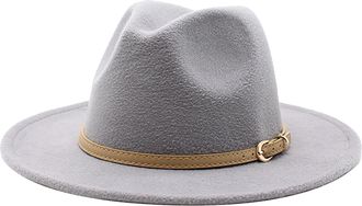 Generic Men Women Wide Brim Fedora Hat Solid Color Elegant Adjustable Autumn Winter Cotton Jazz Caps Unisex Wedding Church Hats with Belt Buckle Grey