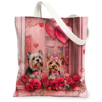 Generic Valentines Day Yorkie Dog Canvas Tote Bag for Shopping 13x15, Window Couple Puppy Reusable Grocery Print Pattern Bag for Women, Pet Beach Aesthetic Pa