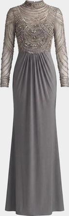 Mac Duggal Beaded Jersey Long-Sleeve Gown