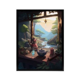 Artery8 Tranquil Japanese Tea Ceremony In Nature Framed Canvas Wall Art Print | Size: W24 x H32