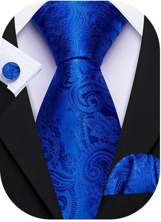 Barry.Wang Mens Blue Tie Silk Paisley Necktie Pocket Square Handkerchief Cufflinks Set Wedding Business