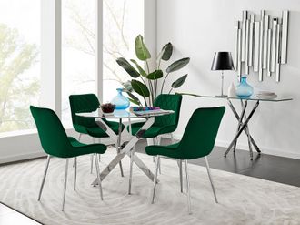 Furniturebox Novara Clear Tempered Glass 100cm Round Dining Table with Chrome Starburst Legs & 4 Pesaro Velvet Silver Leg Chairs in Green