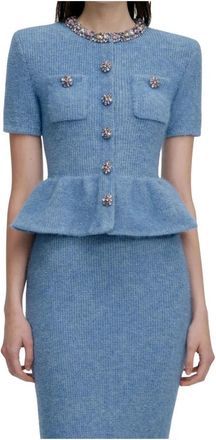 Self Portrait Gebreide Midi Jurk Met Baskische Taille - Dames - Vesten - Blauw - XS - Polyester - Truien & Vesten