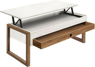 HOGAR 24 Mesa Centro Elevable Cajon Deslizante Madera Maciza Color Blanco Y Encerado, Pata Cuadrada