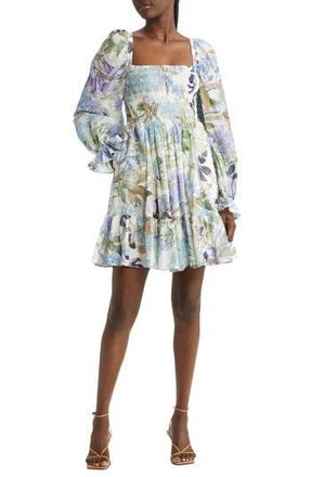 & Other Stories Floral Long Sleeve Smocked Cotton Dress in Blue at Nordstrom Rack, Size 10