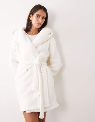 Boux Avenue vestaglia corta con cappuccio ricamata color avorio-Bianco