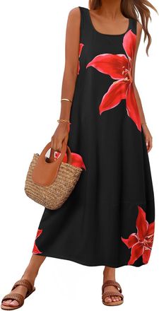 Merokeety Womens Casual Maxi Sundress 2025 Summer Beach Dress Scoop Neck Sleeveless Loose Tank Dress, Blackred, S