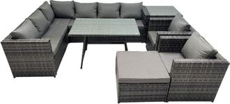Fimous Fimous 9-seater Outdoor PE Rattan Sofa Set with Dining Table Patio Garden Furniture Sets with 2 Chair Big Stool Side Table Dark Grey Mixed