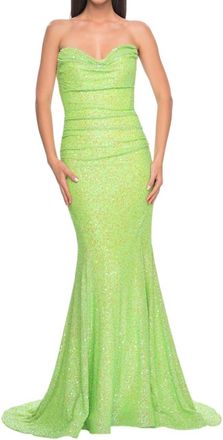 La Femme Strapless Draped Neckline Prom Dress In Neon Green