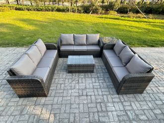 Fimous Rattan Lounge Sofa Set 9 Seater Outdoor Garden Furniture Set with Rectangular Coffee Table 3 Seater Sofa Side Table in Dark Grey