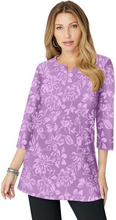Roaman's Plus Size Three Quarter Sleeve Notch Neck Soft Knit Tunic in Violet Rose Floral at Nordstrom, Size 40