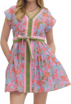 Entro Marigold Floral V-Neck Mini Dress In Pink
