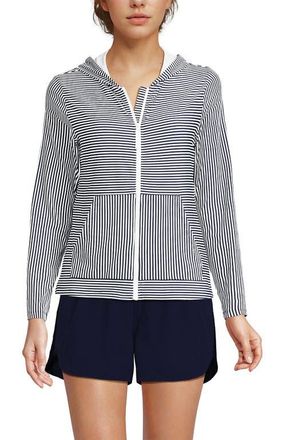 Lands End SunShade UPF 50 Hooded Zip Front Rash Guard in Deep Sea Navy Mini Stripe at Nordstrom, Size X-Large