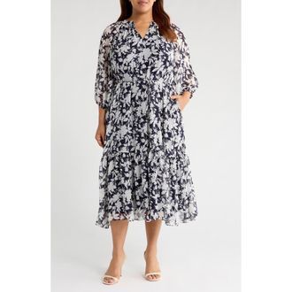 Julia Jordan Puff Sleeve Tie Belt Midi Dress in Navy Ivory at Nordstrom Rack, Size 14W