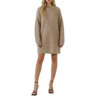 English Factory Cozy Crewneck Long Sleeve Sweater Dress in Taupe at Nordstrom, Size Large