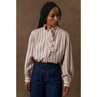 Louise Misha Blouse met opstaande kraag, ruches en strepen, CORA