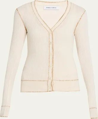 Prabal Gurung Blanket Stitched Silk-Cashmere Rib V-Neck Cardigan
