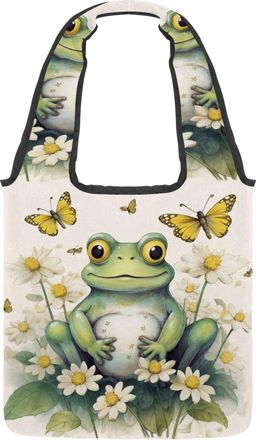 Generic Watercolor Frog Reversible Canvas Shoulder Tote - Double-Sided Print, 12oz Cotton, 27cm Drop, Fold-Flat Bag for Travel, Shopping, Street Outings