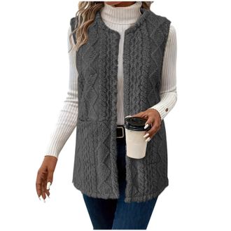 Generic Teddy Fleece Gilet for Women Sleeveless V-neck Button Down Vest Sherpa Fluffy Waistcoat Coat Solid Color Body Warmers Longline Cardigan Vests Autumn W