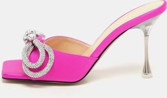 Mach & Mach Pink Satin Crystal Embellished Double Bow Slide Sandals