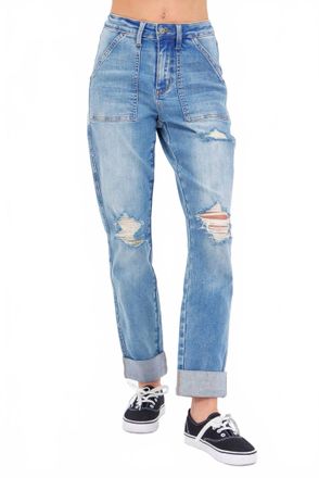Judy Blue High Waisted Distressed Boyfriend Jeans With Patch Pocket In Light Wash