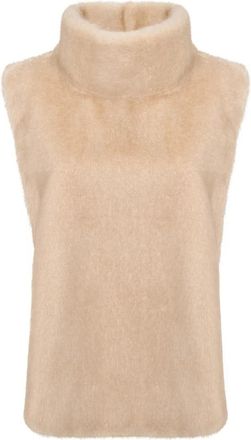 Cesare Gaspari Faux Fur Mouwloze Sculptuur Top met Kraag - Dames - Coltruien - Beige - ONE Size - Polyester - Truien & Vesten
