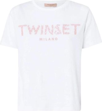 Twinset Tops, Dames, Wit, S, Katoen, Geborduurd T-shirt van katoen met korte mouwen