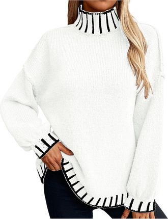 Generic Womens Turtleneck Striped Knitted Jumpers Fall Long Sleeves Sweater Oversized Chunky Elegant Knitted Sweater Solid Sleeve Collar Warm Casual Sweater P
