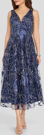 Tahari by ASL Metallic Soutache Sleeveless Midi Dress in Blue Willow/Silver at Nordstrom, Size 14