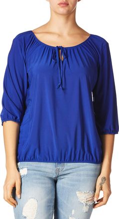 Star Vixen Womens 3/4 Sleeve Peasant Elastic-Hem Keyhole-tie Top Blouse, Royal, Medium